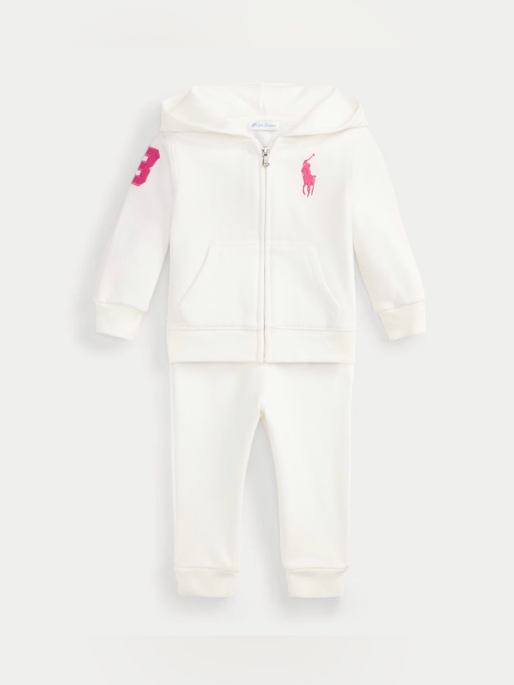 Ralph Lauren Baby White Hoodie & Jogger Set with Hot Pink Logo Accents 6 Months - Picture 1 of 3